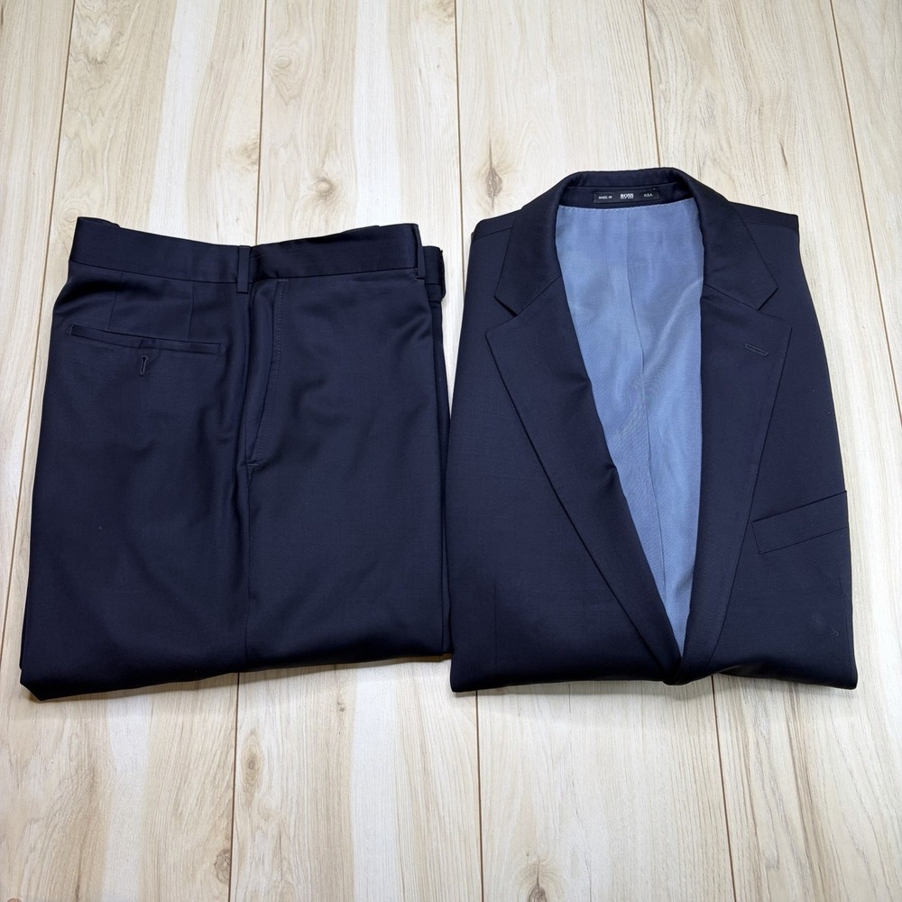 HUGO BOSS Mens Navy Blue 100% Wool 2 Piece Suit 48L W: 40x35